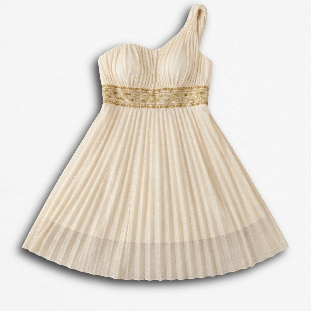 Speechless One Shoulder Gold Beaded Cream Pleated Cocktail Dress‎ Women Small